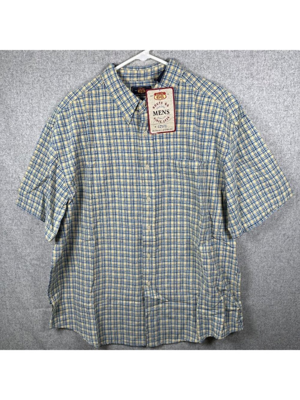 NWT Route 66‎ XL Mens Shirt Y2K Button Short Sleeve Plaid Cotton Linen Collared